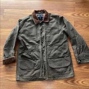 Lands End Chore Jacket Mens S Green Barn Coat Plaid Lined Leather collar Work